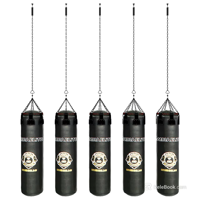 Five Black Punching Bags With White Logos And Text Hanging By Chains 3d model 