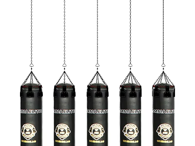 Five Black Punching Bags With White Logos And Text Hanging By Chains 3d model