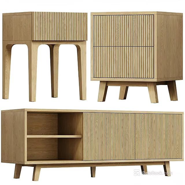 Modern Wooden TV Stand With Ribbed Front Drawers Open Shelves And Tapered Legs 3d model 