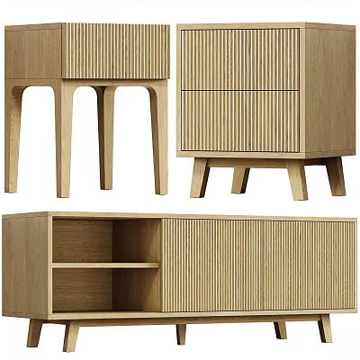 Modern Wooden TV Stand With Ribbed Front Drawers Open Shelves And Tapered Legs 3d model