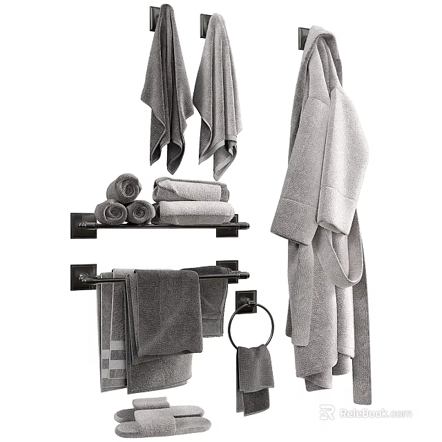 Gray Towels Bath Towels Hand Towels and Washcloths Folded and Hanging on Bathroom Towel Rack 3d model 
