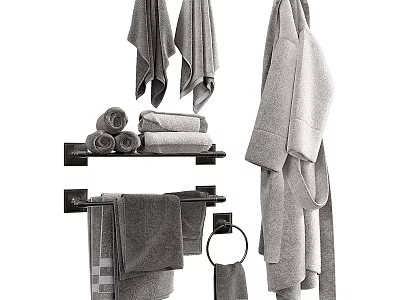 Gray Towels Bath Towels Hand Towels and Washcloths Folded and Hanging on Bathroom Towel Rack 3d model