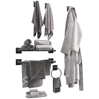 Gray Towels Bath Towels Hand Towels and Washcloths Folded and Hanging on Bathroom Towel Rack 3d model