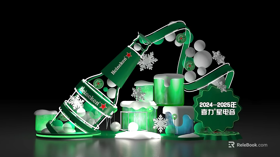 Snowbeer Themed Green Bottle Shape Photo Spot With Snowflakes And Ice Elements 2024-2025 3d model 