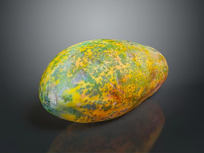 Ripe Spotted Papaya With Yellow Green Skin On Black Background And Reflection 3d model