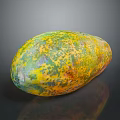 Ripe Spotted Papaya With Yellow Green Skin On Black Background And Reflection