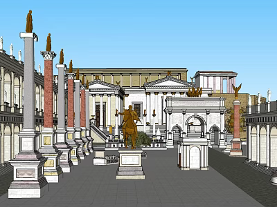 Ancient Roman Style Architectural Complex With Statues Columns And Spacious Plaza 3d model