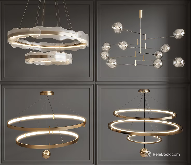 Stylish Modern Chandeliers Featuring Layered Circular Rings Transparent Glass Balls And Metallic Frames 3d model 