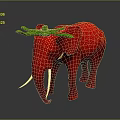 Red Elephant with White Polka Dots Green Antler Decoration and White Tusks on Dark Background