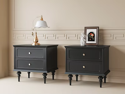 Black Nightstands Two Drawers Gold Handles White Table Lamp Photo Frame Statue Decorative Panel Wall 3d model