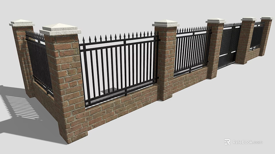 Decorative Garden Fencing With Brick Pillars And Black Iron Rails 3d model 