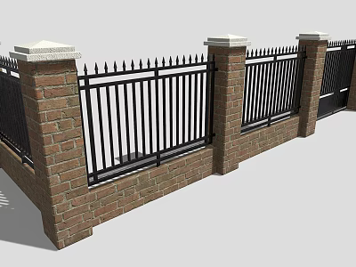 Decorative Garden Fencing With Brick Pillars And Black Iron Rails 3d model