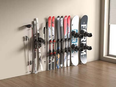 Wall Mounted Sports Equipment Display With Skis Poles Boots And Multiple Colors 3d model