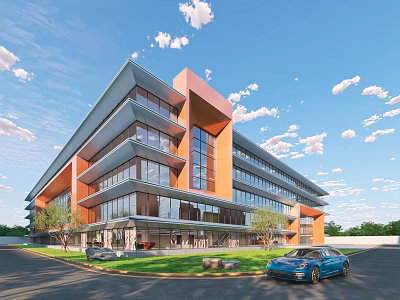 Modern Multi Storey Office Building With Orange Glass Facade Lawn Trees And Car 3d model