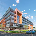 Modern Multi Storey Office Building With Orange Glass Facade Lawn Trees And Car 3d model