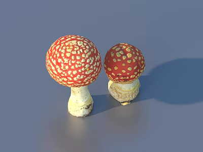 Two Red Mushrooms With White Spots 3D Rendering On Blue Background 3d model