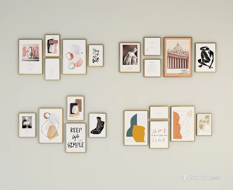 Wall Art Gallery With Mixed Frames Art Prints And Keep Smile Sign 3d model