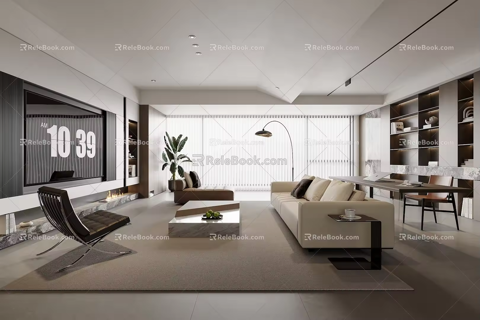 Home Living Room Sofa Coffee Table Combination Leisure Chair TV Wall Green Planting Floor Lamp Bookcase Side Table 3d model