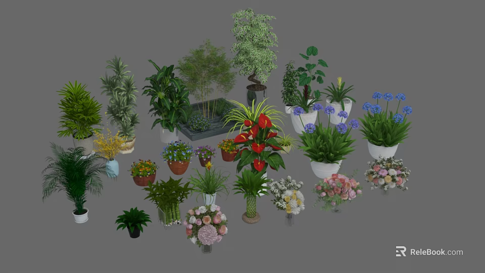 Variety of Bonsai Potted Plants with Different Greenery and Decorative Planters 3d model 