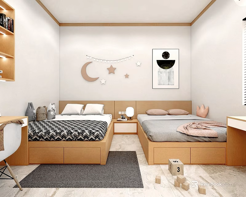 Cozy Kids Room With Two Beds Wooden Furniture Moon Star Decor And Building Blocks 3d model 