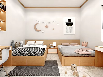 Cozy Kids Room With Two Beds Wooden Furniture Moon Star Decor And Building Blocks 3d model
