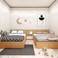 Cozy Kids Room With Two Beds Wooden Furniture Moon Star Decor And Building Blocks