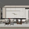 Modern Restaurant Interior Design With Open Layout Dining Table Chairs And Hanging Lights 3d model