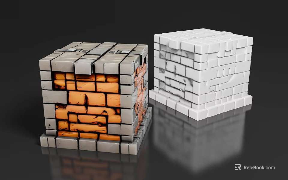 Creative Brick Sculptures With Gray Orange And White Textured Cube Designs 3d model
