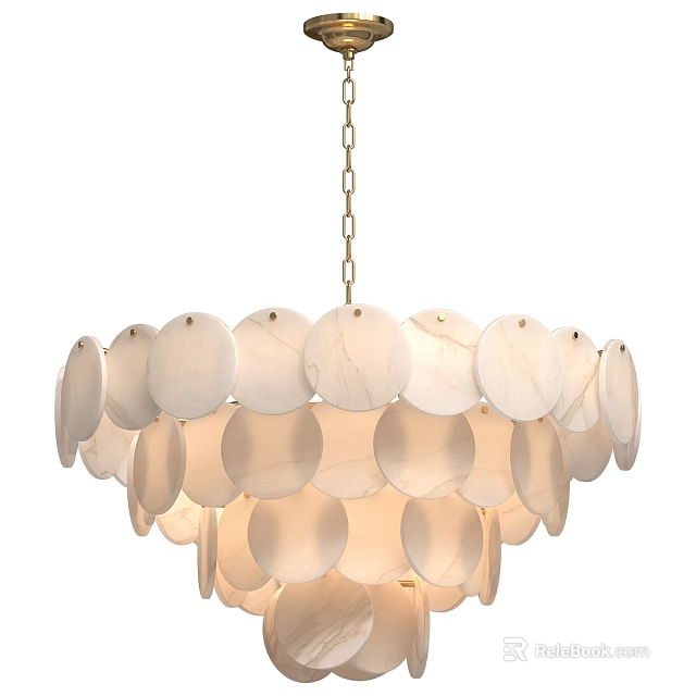 White Layered Chandelier With Circular Shell Like Discs And Gold Hanging Chain 3d model 