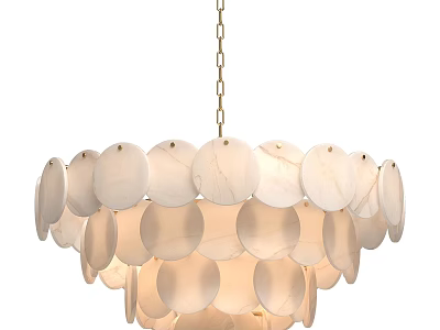 White Layered Chandelier With Circular Shell Like Discs And Gold Hanging Chain 3d model