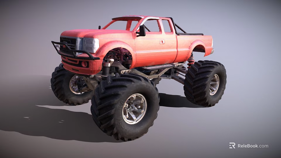 Red Monster Truck With Large Tires And Raised Suspension Design 3d model 