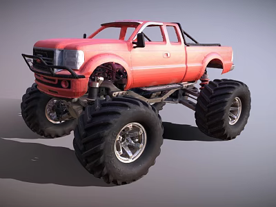 Red Monster Truck With Large Tires And Raised Suspension Design 3d model