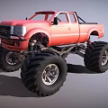 Red Monster Truck With Large Tires And Raised Suspension Design