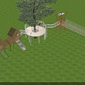 Wooden Outdoor Playground Equipment With Slide Climbing Net And Swing Set In Grass Area With Trees