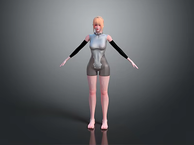 Game Movie Character 3D Model With Blonde Hair Silver Bodysuit Black Sleeves Barefoot Standing Pose 3d model