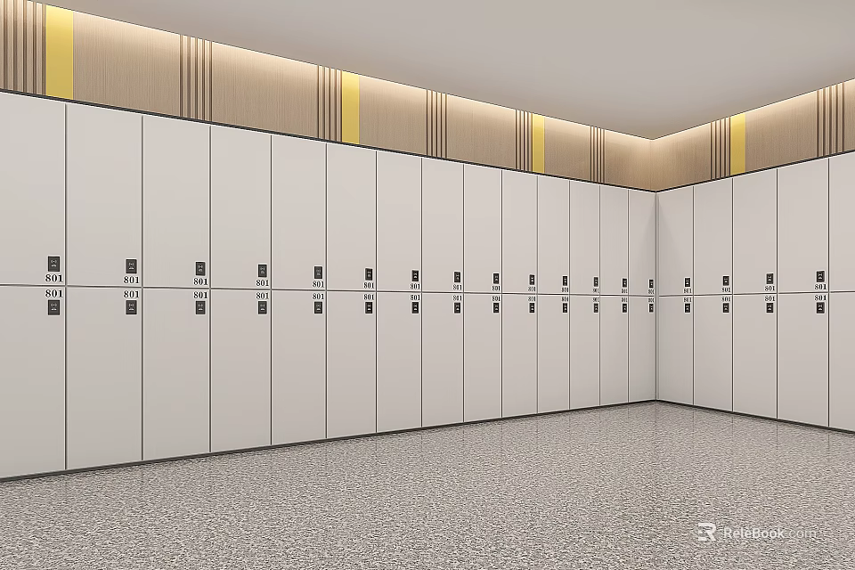 White Lockers Interior Design In Public Area Featuring Multiple Doors And Modern Layout 3d model 