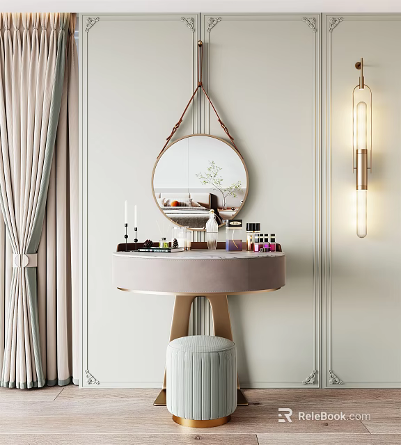 Elegant Modern Dressing Table Interior With Round Mirror Stool And Cosmetics On Countertop 3d model