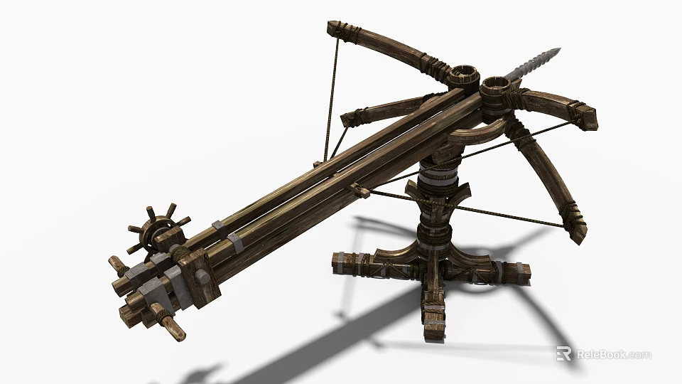 Ancient Medieval Siege Weapon With Wooden Frame Metal Components Bow String And Mobile Wheels 3d model 