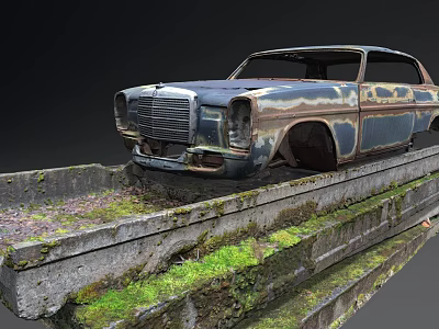 Vintage Rusted Car with Weathered Body Parked on Moss Covered Concrete Platform 3d model