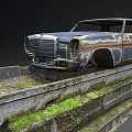 Vintage Rusted Car with Weathered Body Parked on Moss Covered Concrete Platform