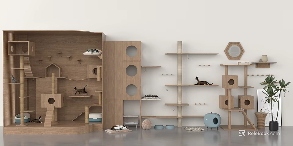 Wooden Cat Supplies With Trees Shelves Circular Holes Cat Beds And Scratching Areas 3d model 