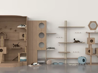 Wooden Cat Supplies With Trees Shelves Circular Holes Cat Beds And Scratching Areas 3d model
