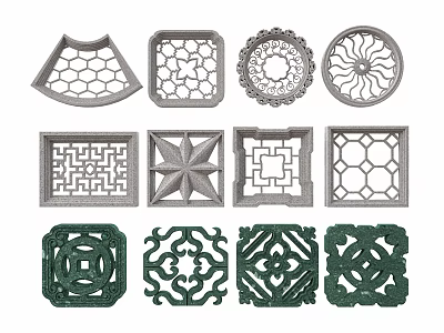 Decorative Lattice Windows In Various Shapes With Intricate Designs And Grey Green Tones 3d model