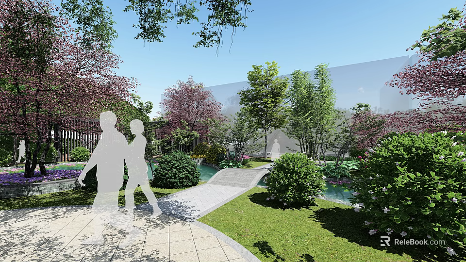 Tranquil Garden Landscape With Stone Pathway Green Trees Bushes And Walking People 3d model 