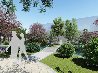 Tranquil Garden Landscape With Stone Pathway Green Trees Bushes And Walking People 3d model