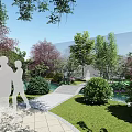 Tranquil Garden Landscape With Stone Pathway Green Trees Bushes And Walking People