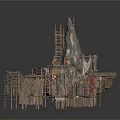 Aged Ruined Scene With Wooden Scaffolding Rocky Mountain And Broken Platforms