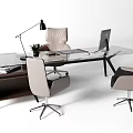 Modern Office Desk With Glass Top Light Colored Chairs Black Lamp And Laptop