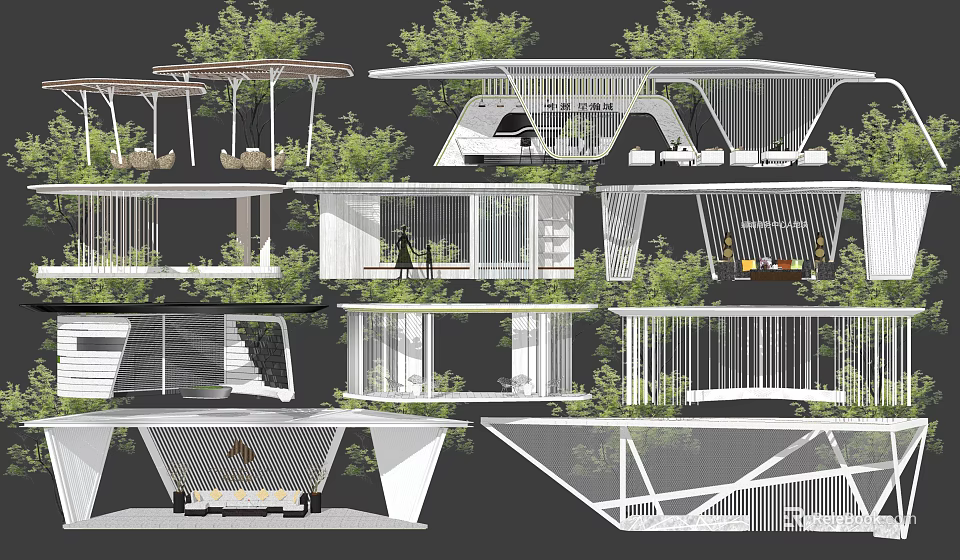 Modern Landscape Garden Design Featuring Greenery Architectural Structures And Open Pavilions 3d model