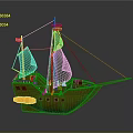 Brown Wooden Toy Pirate Ship with Green Sails Tall Mast and Colorful Decorative Elements